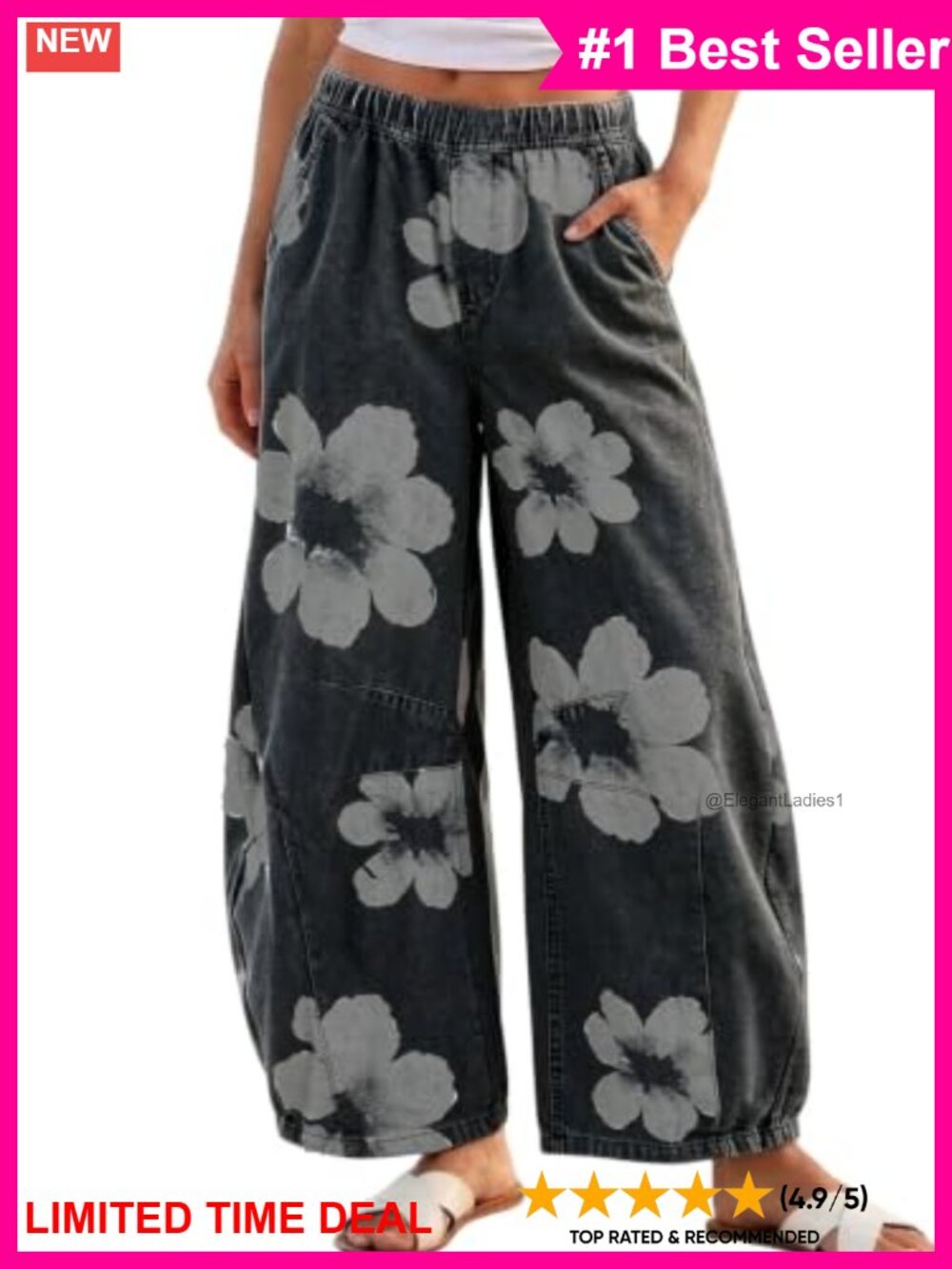 CHARTOU Women's Pull On Barrel Jeans Floral Wide Leg Denim Pants